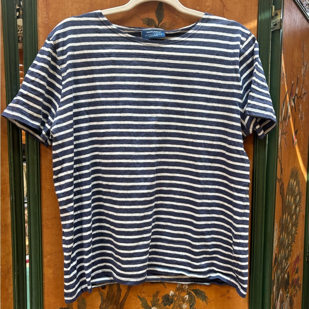 Saint James Jenni Kayne Navy and White Striped Short Sleeve Tee L linen